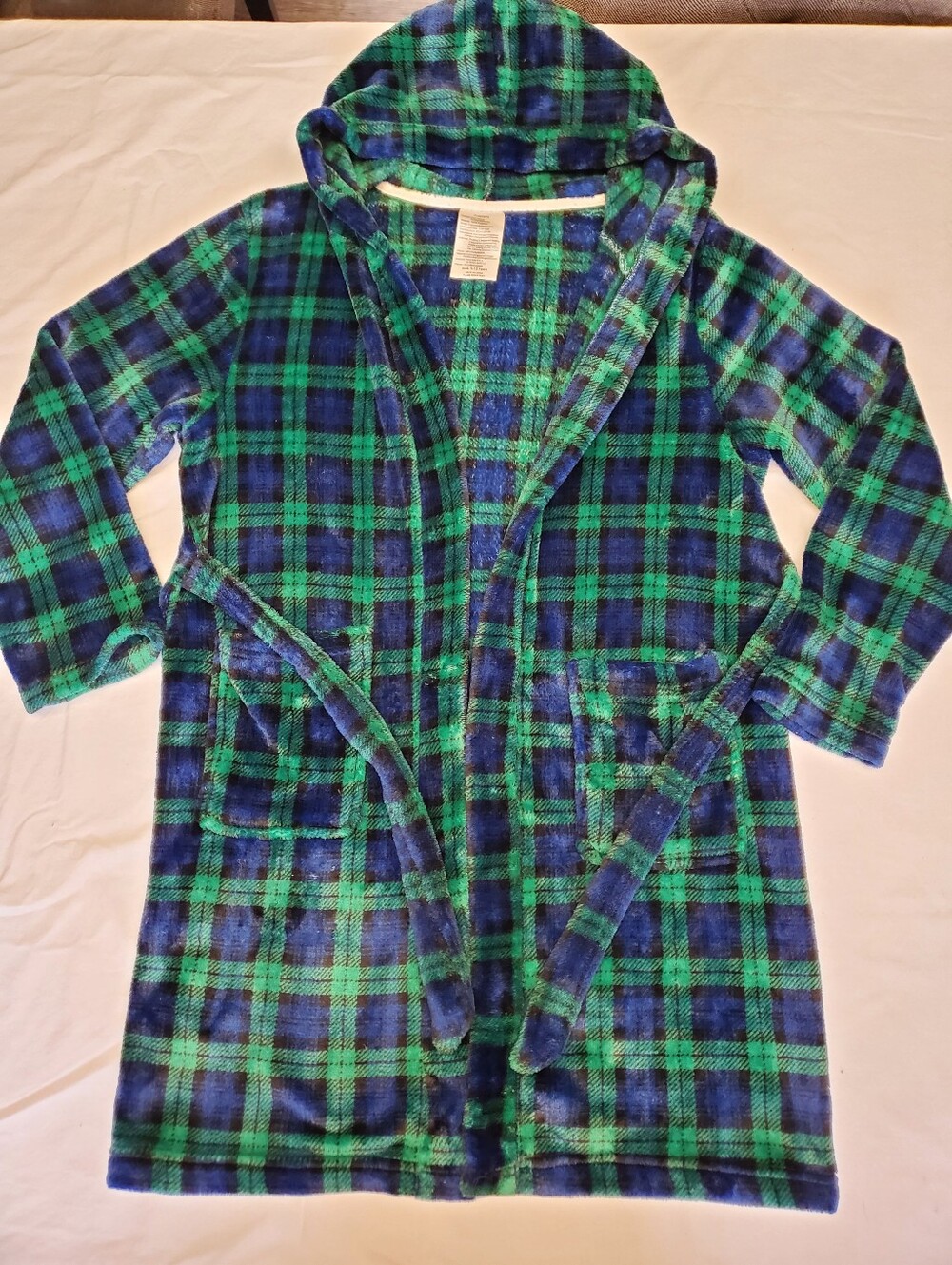 Kids Hooded Plush Fleece Bathrobe Blue Green Plaid Size 9-12 Years Belted Robe